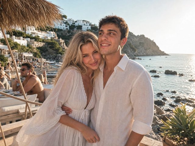A couple at a Spanish beach club at sunset