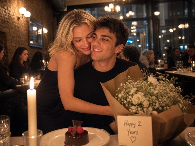 A couple celebrating their anniversary at a candlelit dinner